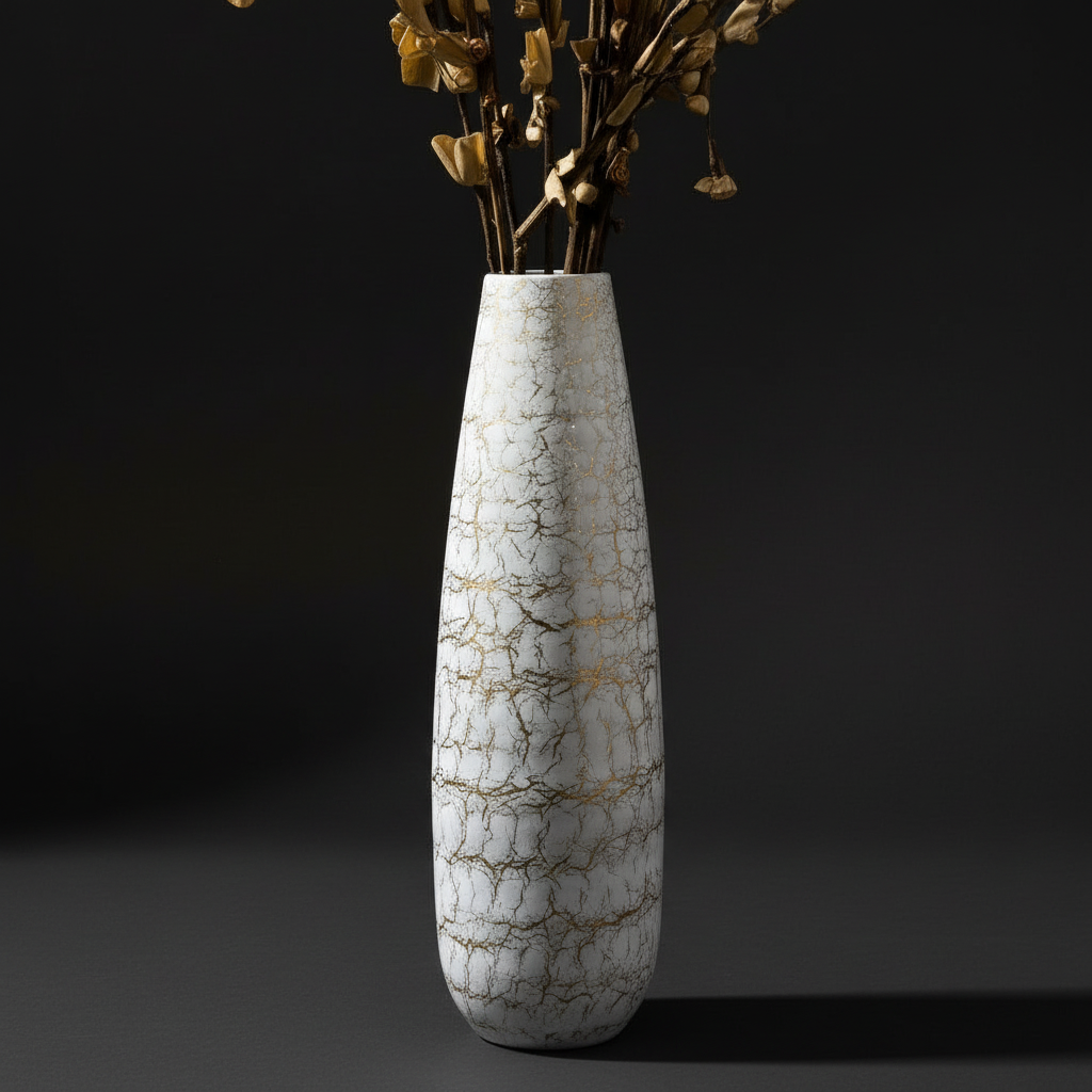 Tall Hammered Texture Vase with White & Gold Crackle | Contemporary Floor Decor for Living Room, Hallway & Corners