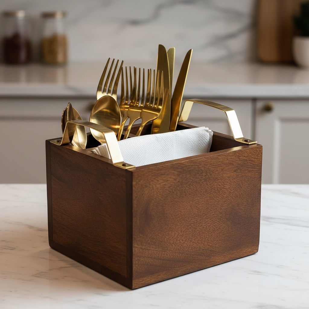 Wooden 3 - Partition Cutlery Holder with Brass Finish Handles | Multipurpose Kitchen Organizer