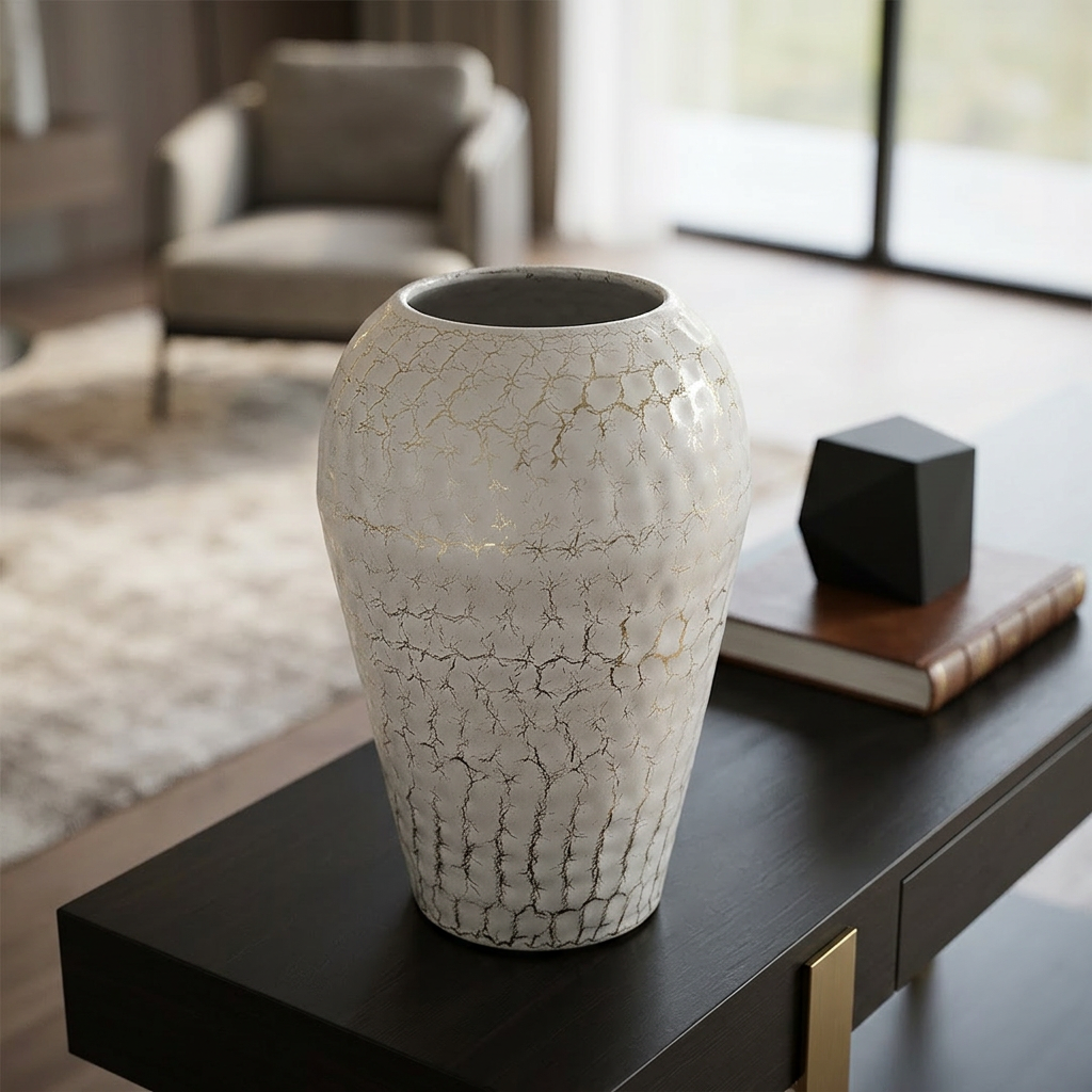 10" Hammered Metal Flower Vase – Modern Decorative Table Vase for Living Room, Bedroom & Office – Gold Crackle Finish