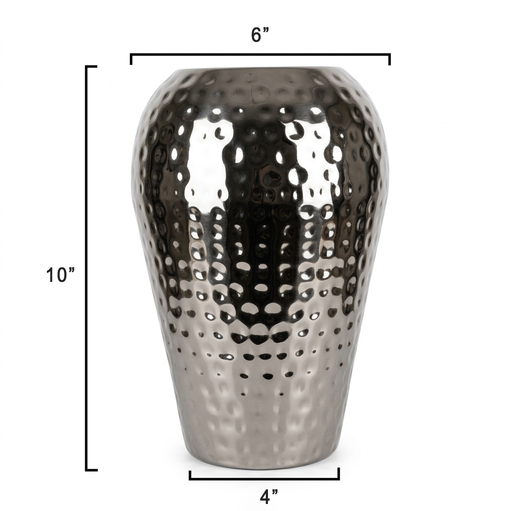 10" Hammered Metal Flower Vase – Modern Decorative Table Vase for Living Room, Bedroom & Office – Silver Finish