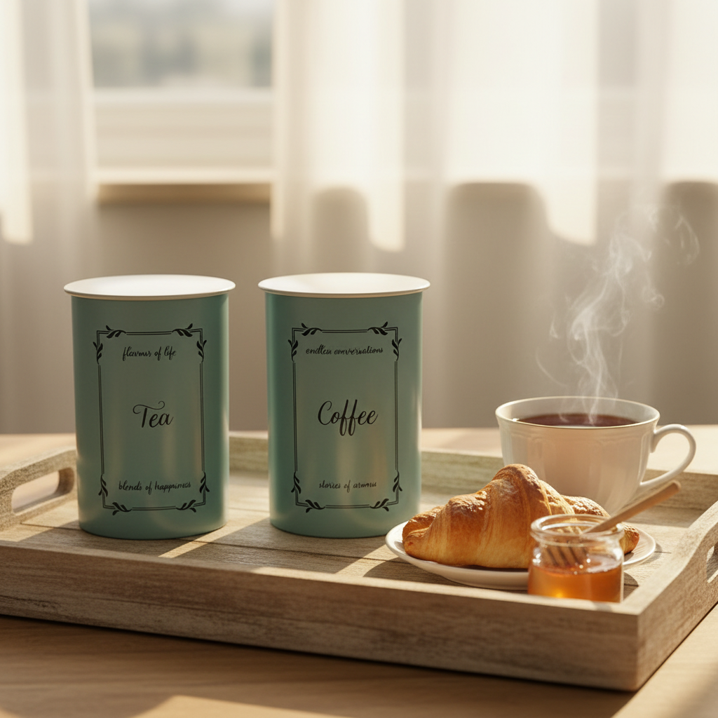 Metal Tea Coffee Sugar Canister Set | Airtight Kitchen Storage Containers | Pastel Blue