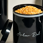Set of 8 Metal Storage Jars for Dal & Pulses | 1kg Capacity Each | Airtight Black Containers for Kitchen | Labelled Canisters for Masalas, Dals & Grains
