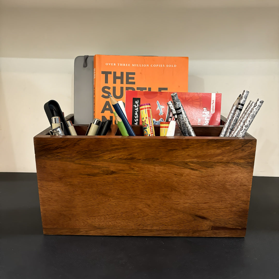 Wooden Desk Organizer with 4 Compartments | Pen Stand & Book Holder for Home and Office
