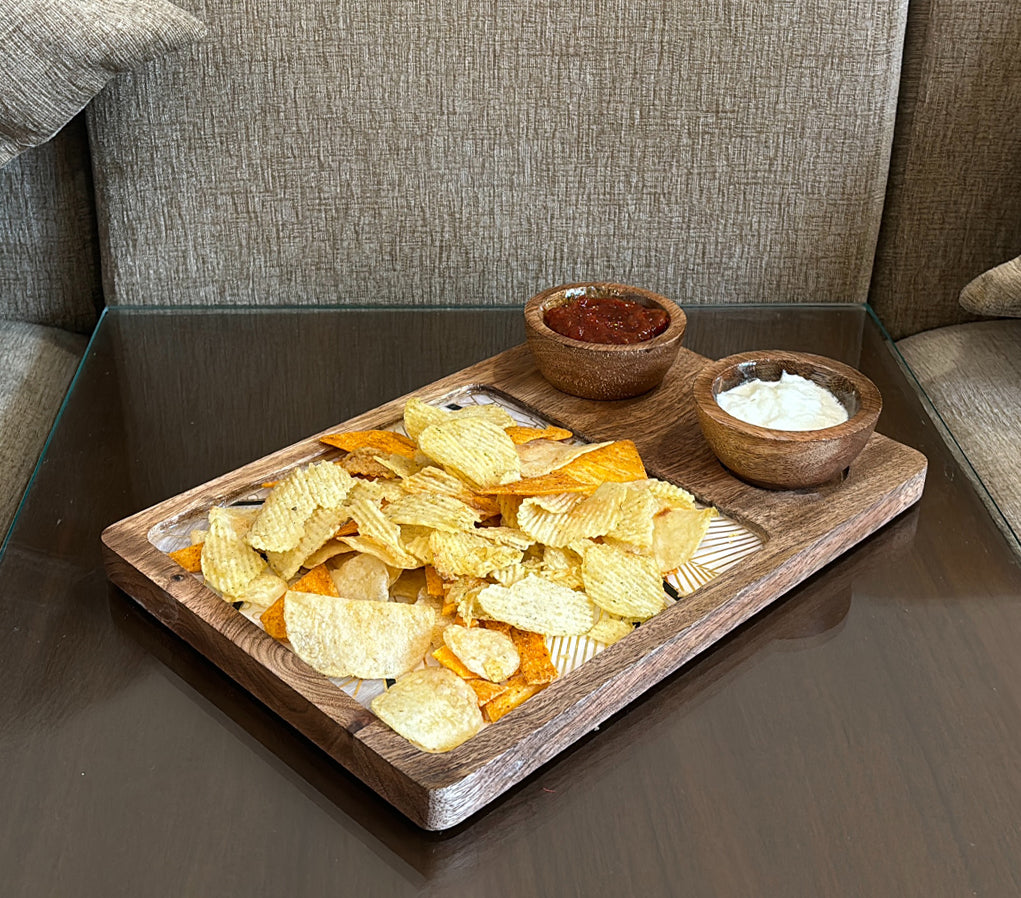 Wooden Snack Serving Tray with Dip Bowls | Multipurpose Chips & Nachos Platter for Serving Snacks