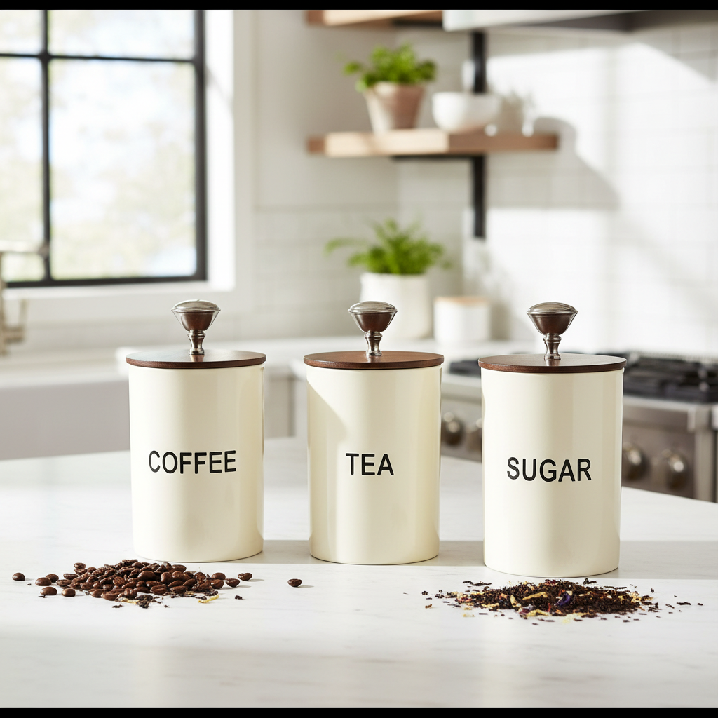 Tea Coffee Sugar Canister | Set of 3 with Airtight Wooden Lid | Kitchen Storage Jars | Off White