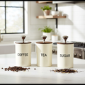 Tea Coffee Sugar Canister | Set of 3 with Airtight Wooden Lid | Kitchen Storage Jars | Off White