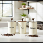 Tea Coffee Sugar Canister | Set of 3 with Airtight Wooden Lid | Kitchen Storage Jars | Off White