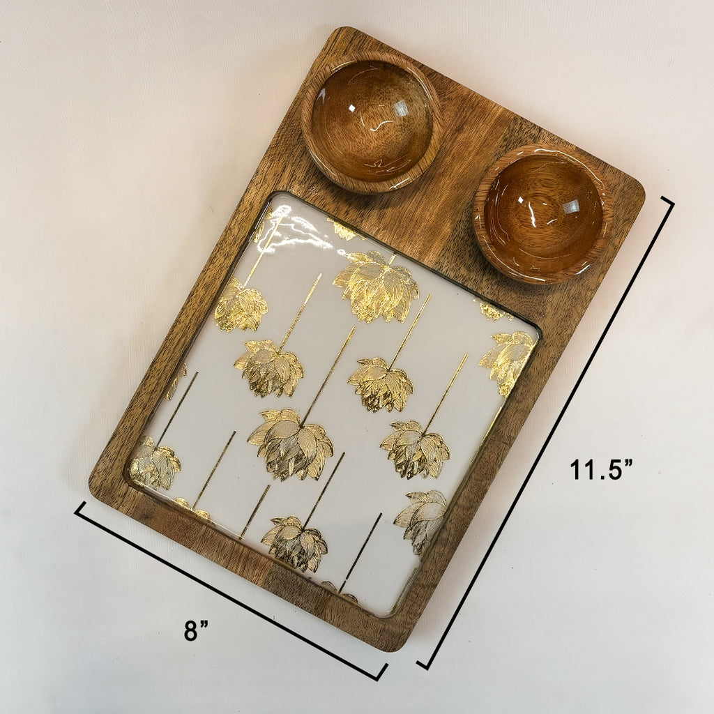 Wooden Snack Serving Tray with Floral Resin Design & 2 Dip Bowls | Premium Chips & Nachos Platter