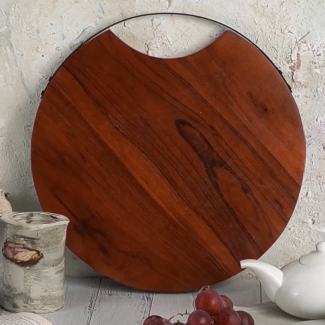 Round Wooden Serving Platter with Metal Handle | Premium Snack & Tea Serving Platter