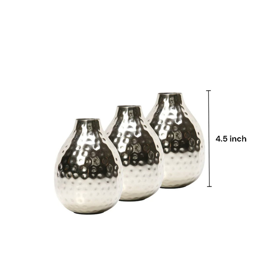 Set of 3 Hammered Metal Vases – Small Decorative Silver Vessels for Modern Home Décor, Tabletop Accent