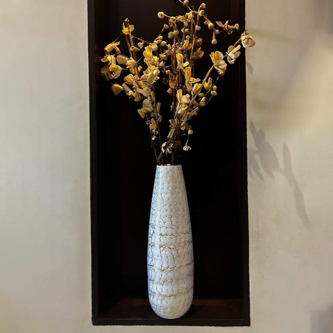 Tall Hammered Texture Vase with White & Gold Crackle | Contemporary Floor Decor for Living Room, Hallway & Corners