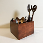 Wooden 3- Partition Cutlery Holder with Black Metal Handles | Multipurpose Kitchen Organizer