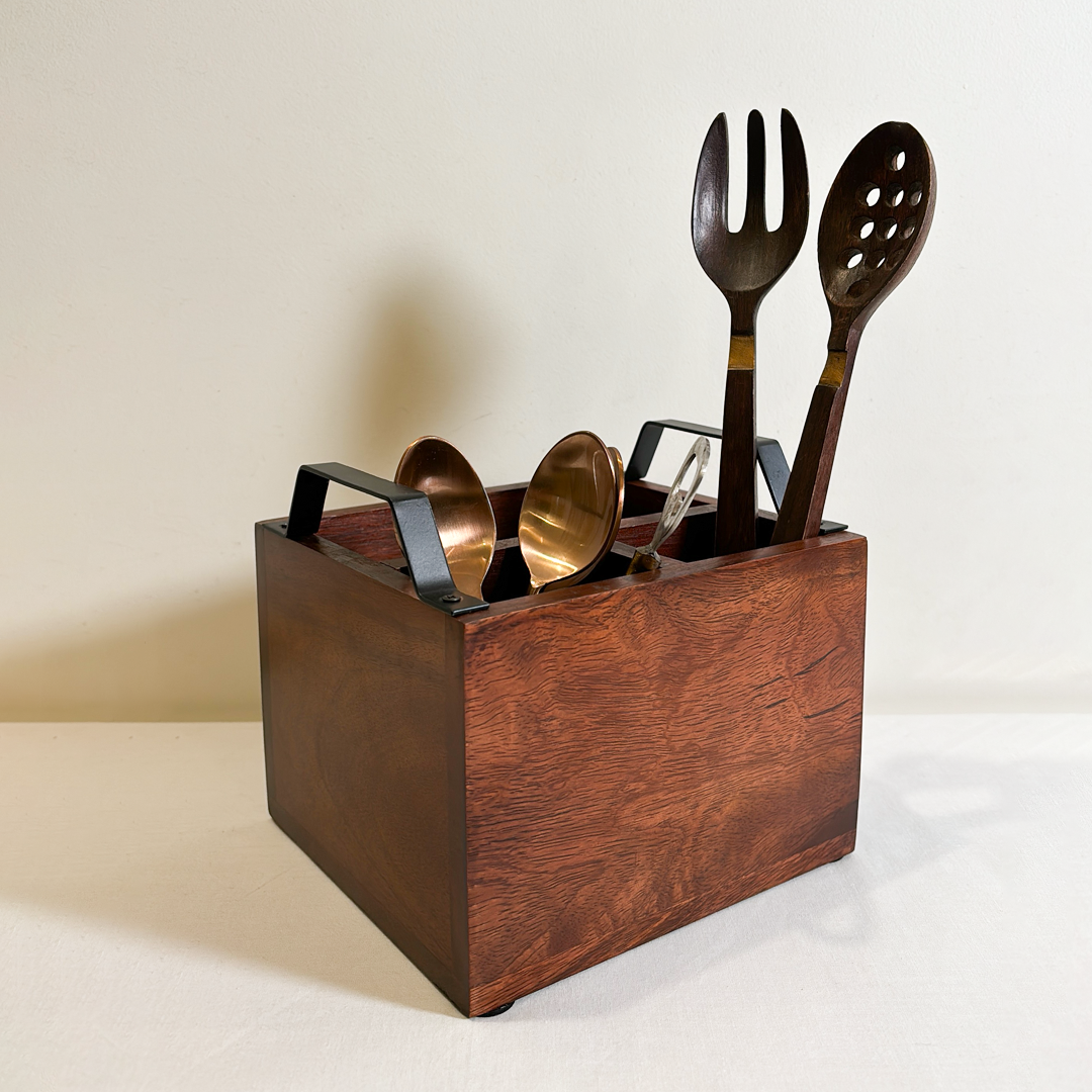 Wooden 3- Partition Cutlery Holder with Black Metal Handles | Multipurpose Kitchen Organizer