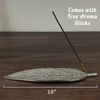 Leaf Shape Silver Metal Incense Stick Holder | Decorative Agarbatti Stand for Home, Temple & Meditation | 10 Inch