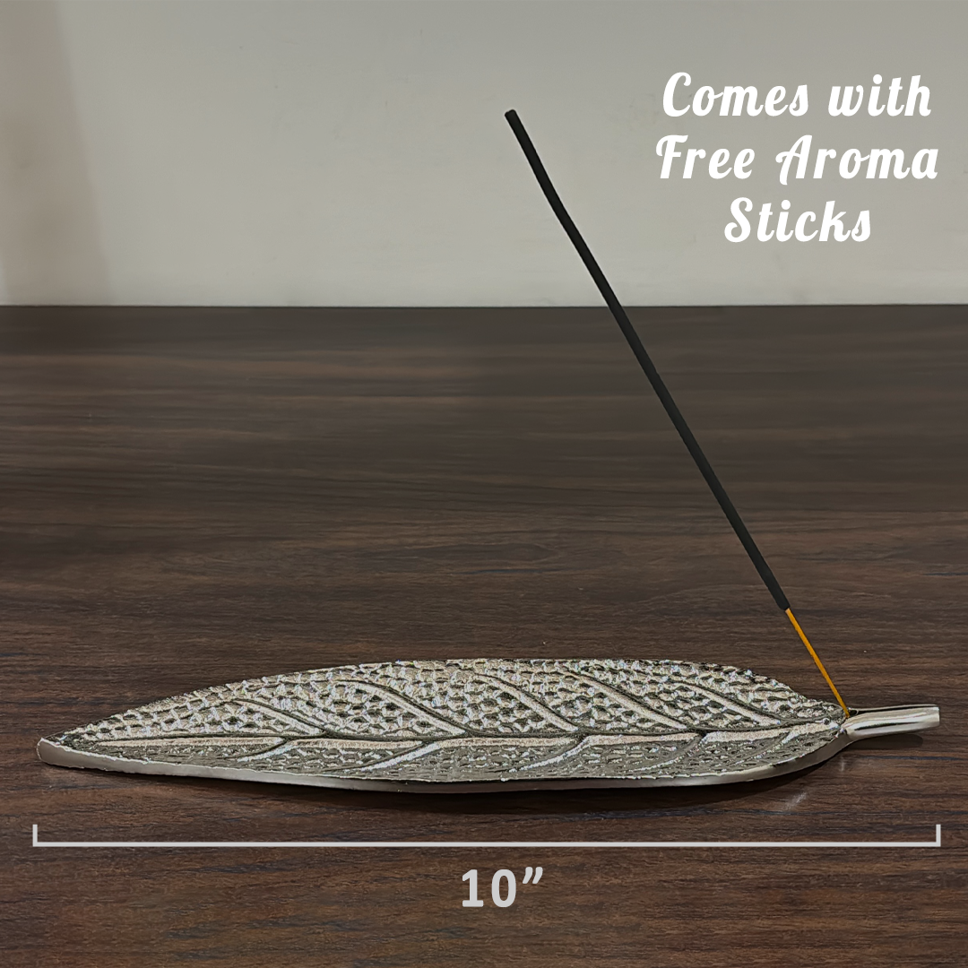 Leaf Shape Silver Metal Incense Stick Holder | Decorative Agarbatti Stand for Home, Temple & Meditation | 10 Inch