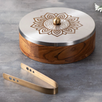 Wooden Mandala Chapati Box with Steel Lid & Tongs | Roti Storage Container