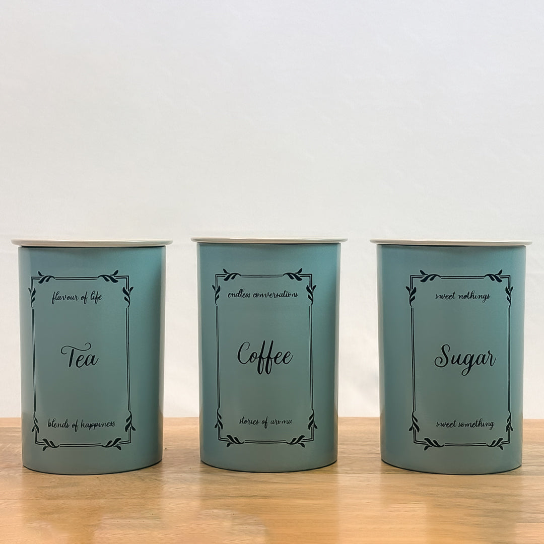 Metal Tea Coffee Sugar Canister Set | Airtight Kitchen Storage Containers | Pastel Blue