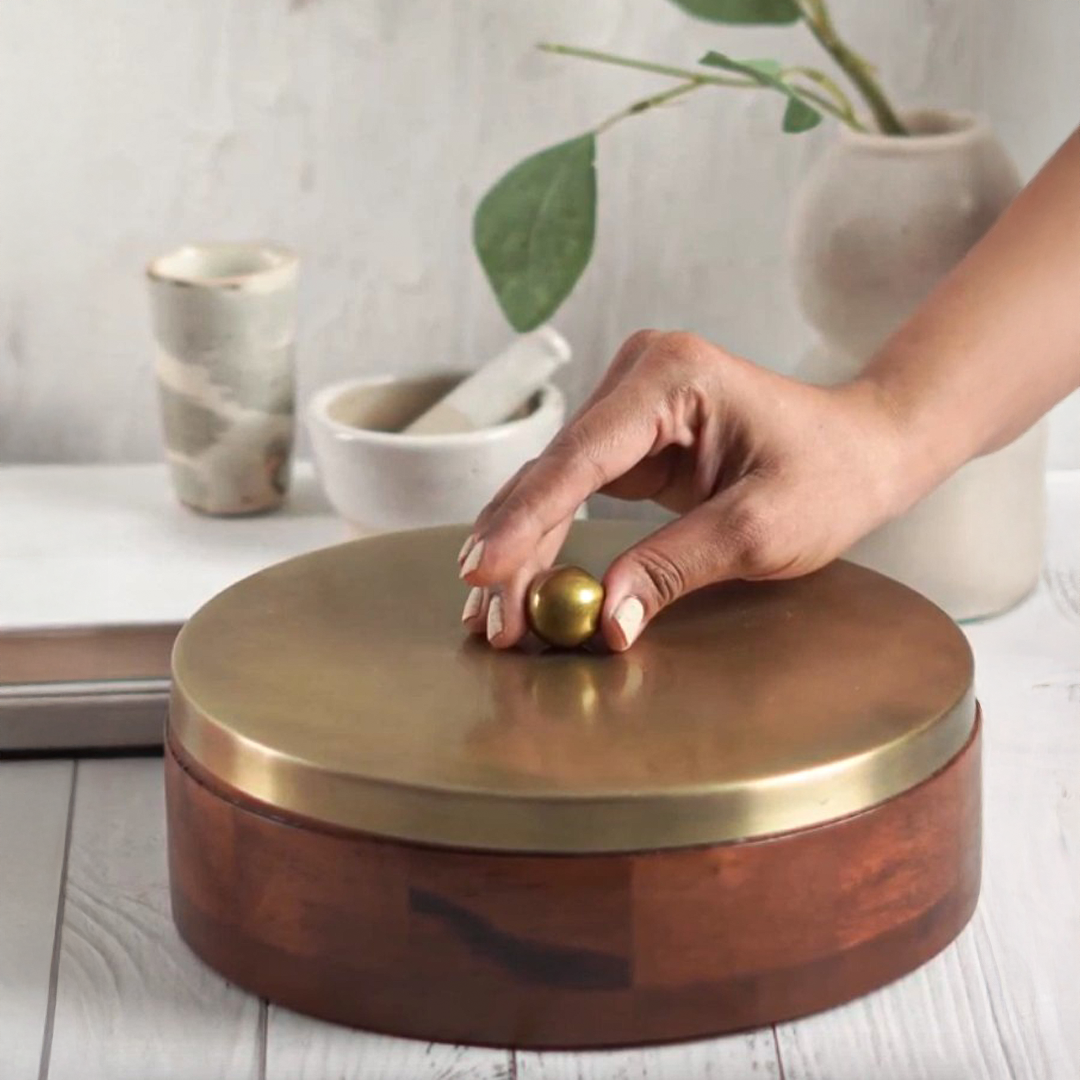 Wooden Regular Chapati Box with Brass Finish Lid & Tongs | Roti Storage Container