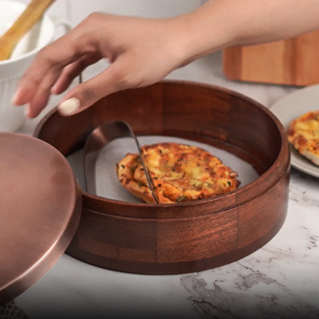 Wooden Chapati Box with Copper Finish Lid & Tongs | Roti Storage Container