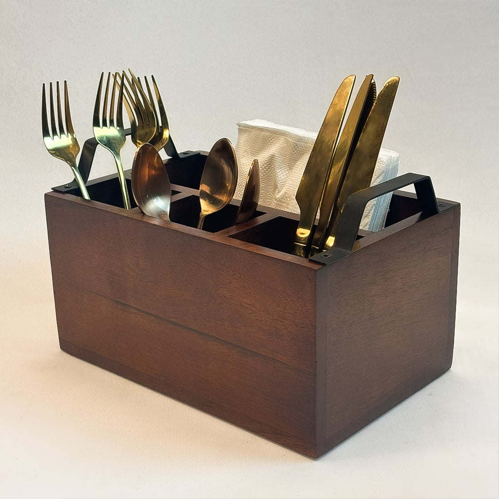 Wooden 4- Partition Cutlery Holder with Black Metal Handles | Multipurpose Kitchen Organizer