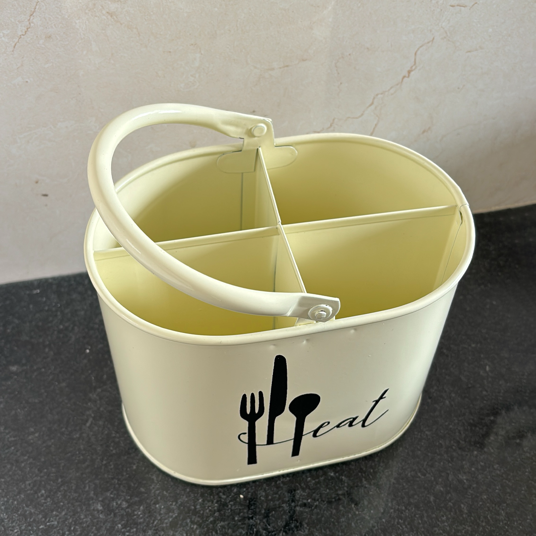 Metal Cutlery Holder for Kitchen Counter | 4 Section Spoon & Utensil Organizer with Handle | Cream White