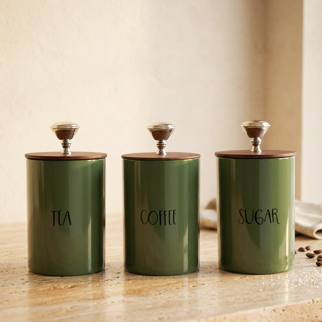 Tea Coffee Sugar Canister | Set of 3 with Airtight Wooden Lid | Kitchen Storage Jars | Green