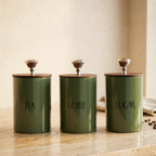 Tea Coffee Sugar Canister | Set of 3 with Airtight Wooden Lid | Kitchen Storage Jars | Green
