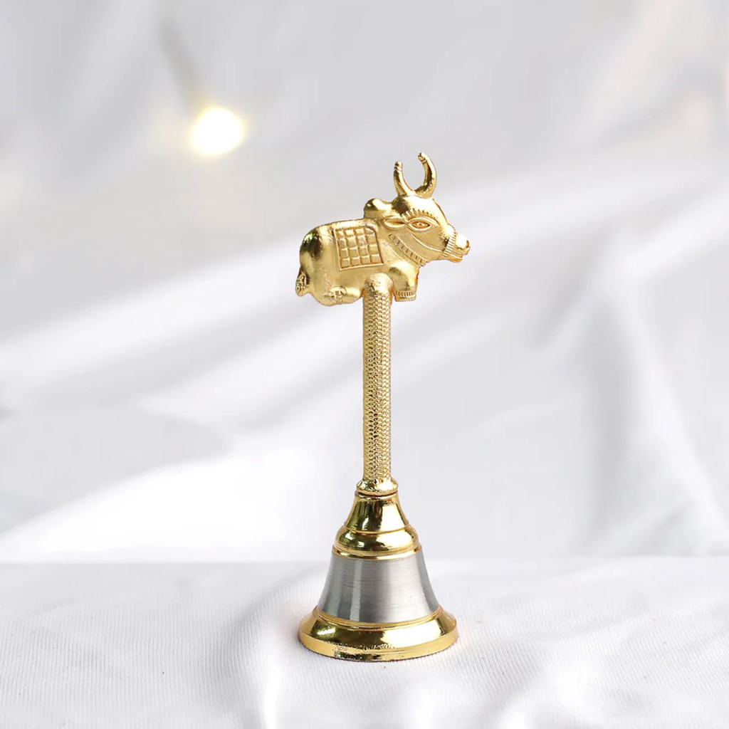 Brass Finish Nandi Cow Hand Bell for Pooja Room & Home Decor | Decorative Metal Ghanti | Set of 2