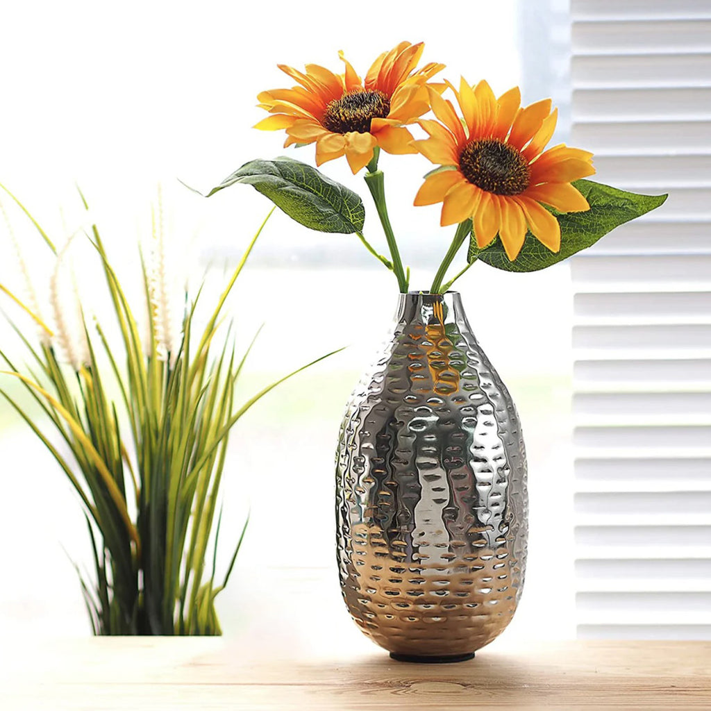 Rice Hammered Metal Flower Vase (9 Inch) – Silver Finish Decorative Table Vase for Living Room, Office & Shelf Décor
