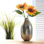 Rice Hammered Metal Flower Vase (9 Inch) – Silver Finish Decorative Table Vase for Living Room, Office & Shelf Décor