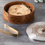 Wooden Mandala Chapati Box with Steel Lid & Tongs | Roti Storage Container
