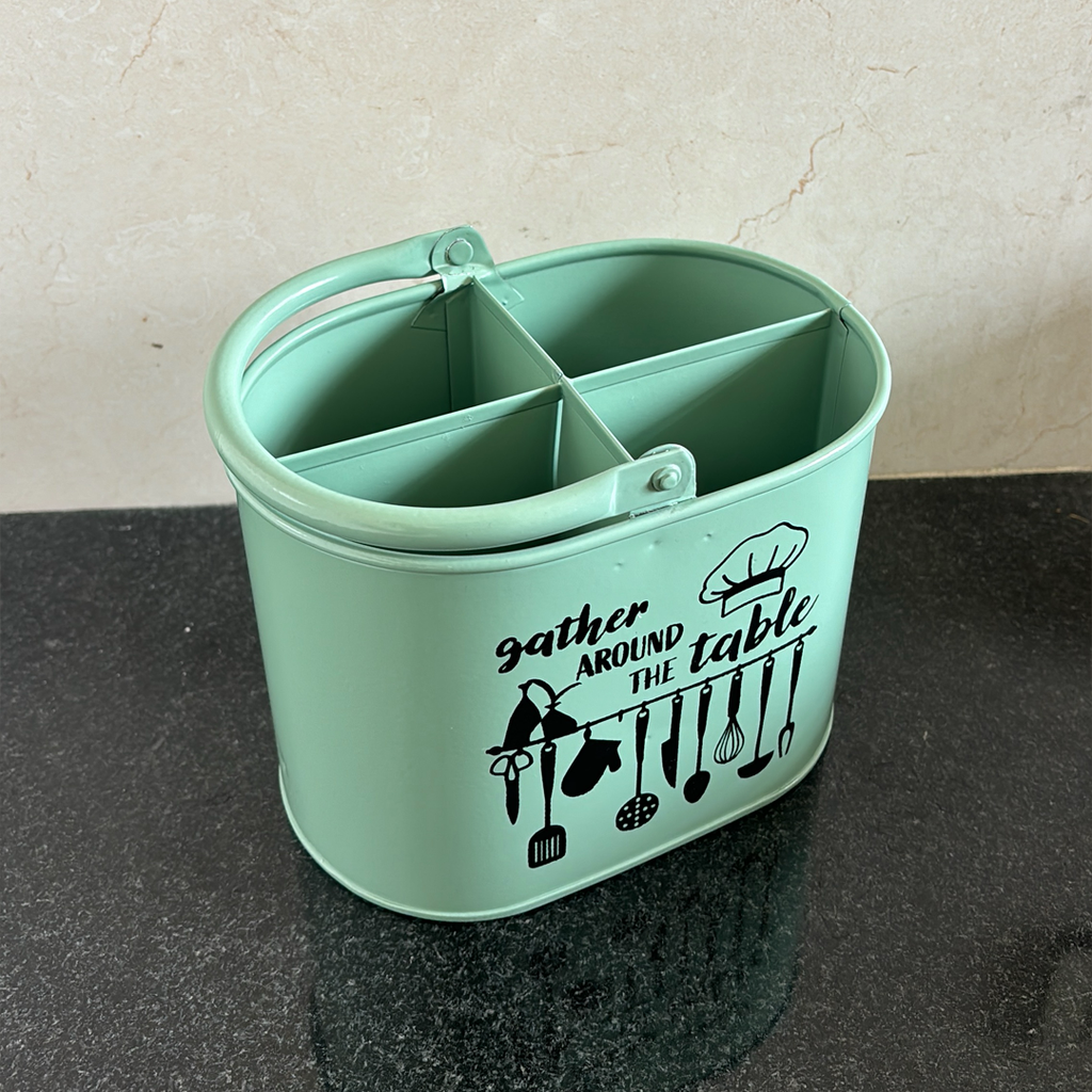 Metal Cutlery Holder for Kitchen Counter | 4 Section Spoon & Utensil Organizer with Handle | Mint Green