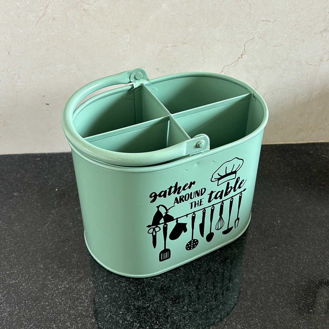 Metal Cutlery Holder for Kitchen Counter | 4 Section Spoon & Utensil Organizer with Handle | Mint Green