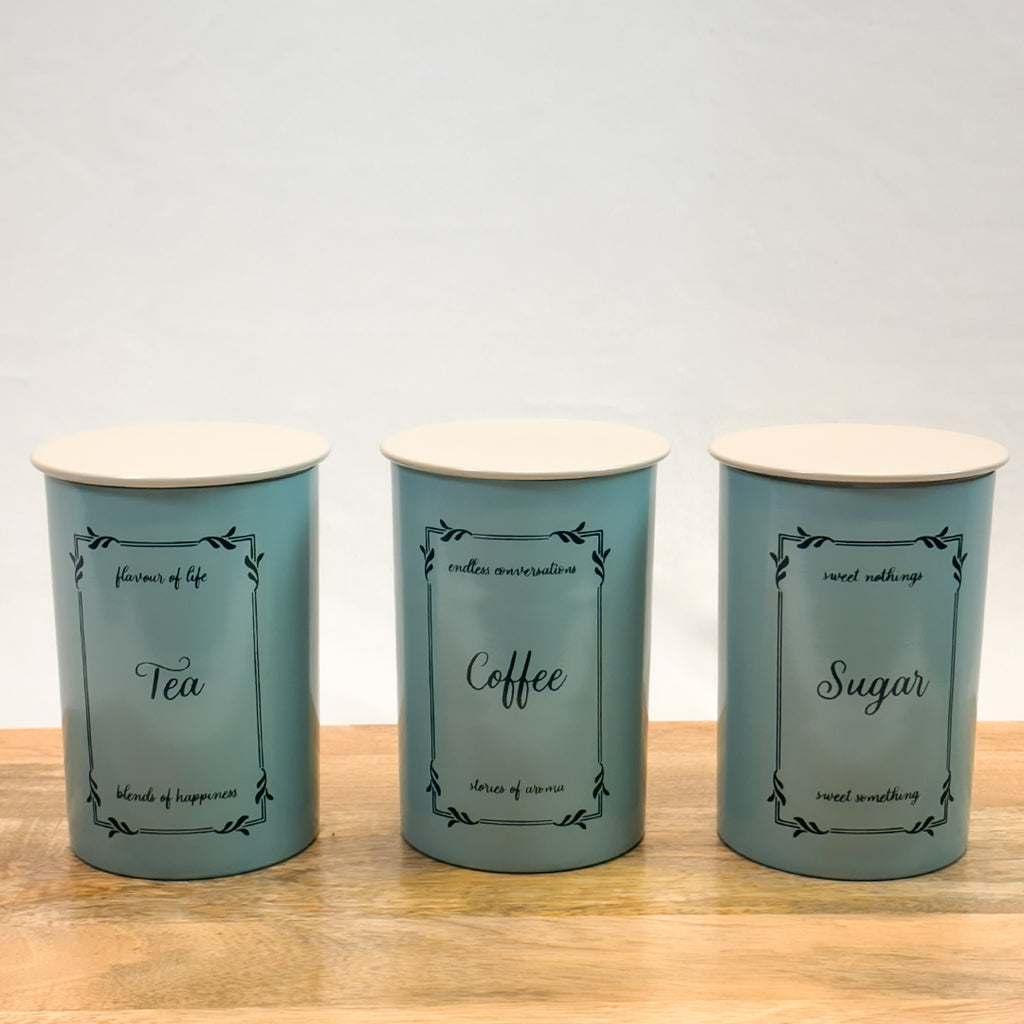 Metal Tea Coffee Sugar Canister Set | Airtight Kitchen Storage Containers | Pastel Blue