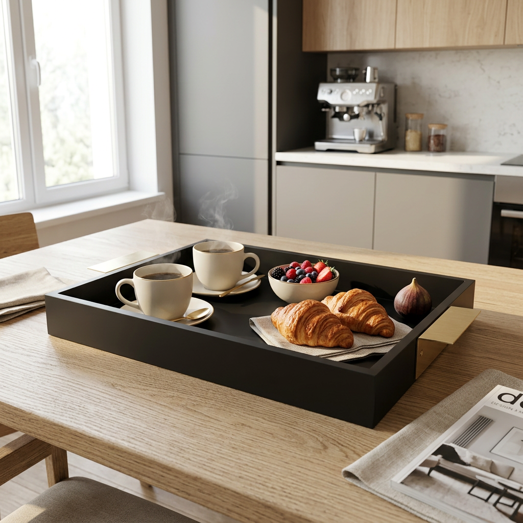 Matte Black Serving Tray with Gold Handles – Luxury Wooden Coffee Table & Dining Tray for Modern Home Decor