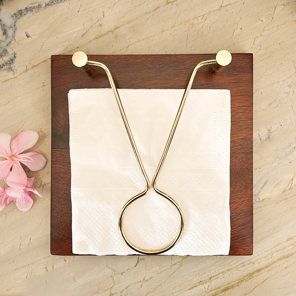 Wooden Napkin Holder with Gold Metal Stand | Decorative Tissue Paper Holder for Dining Table & Kitchen