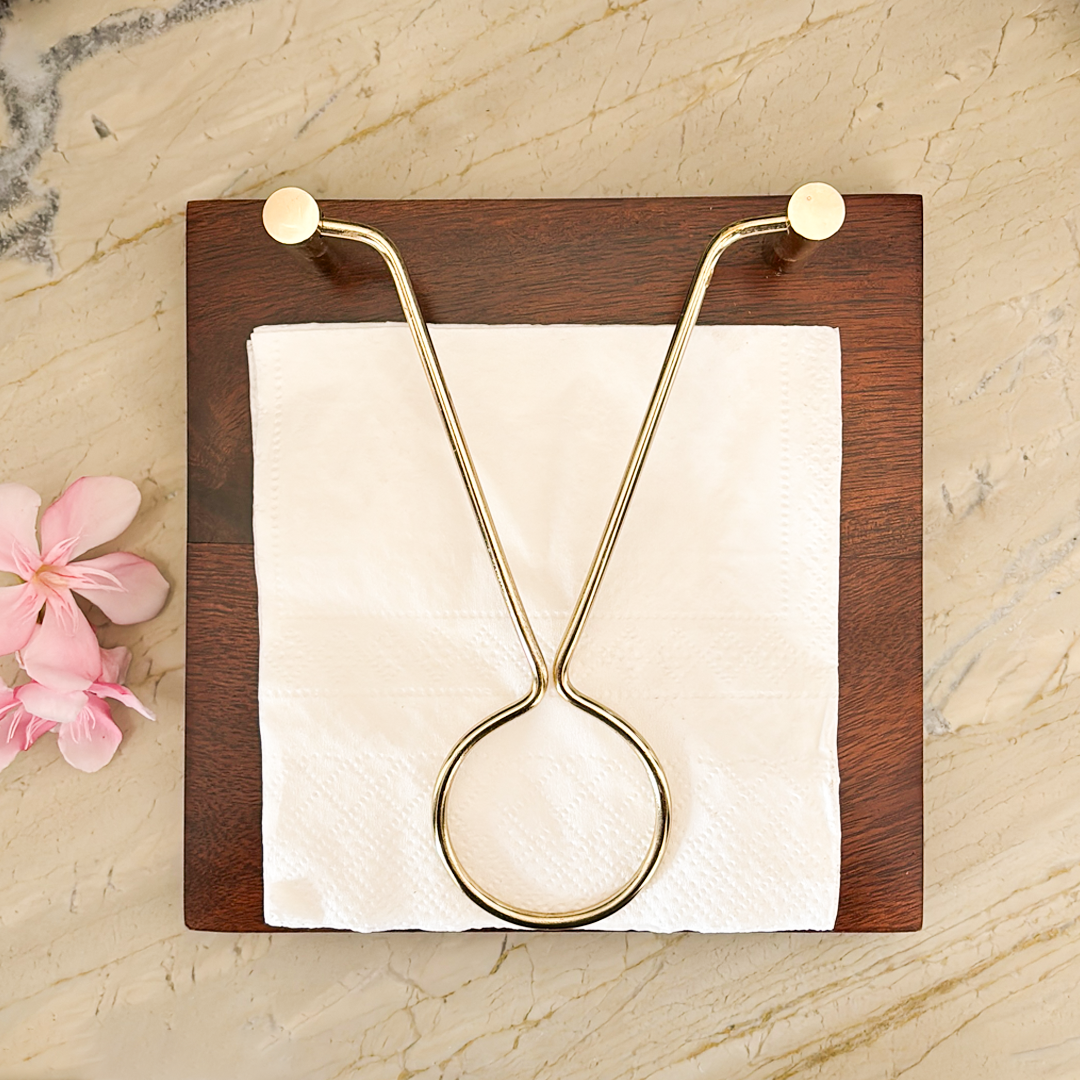 Wooden Napkin Holder with Gold Metal Stand | Decorative Tissue Paper Holder for Dining Table & Kitchen