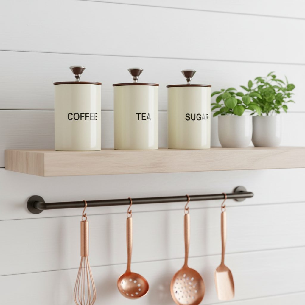 Tea Coffee Sugar Canister | Set of 3 with Airtight Wooden Lid | Kitchen Storage Jars | Off White