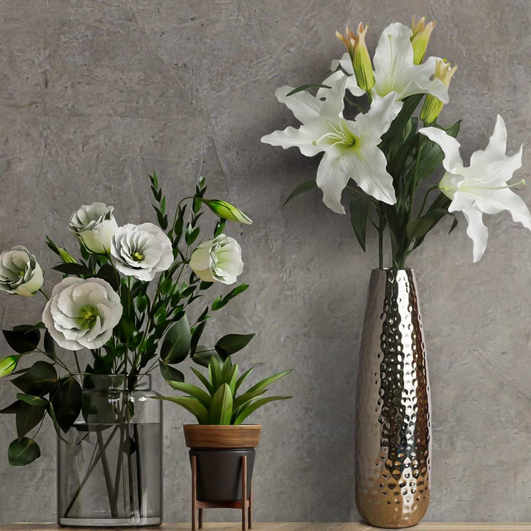 Hammered Silver Finish Metal Vase (16.5") – Modern Decorative Flower Vase for Home, Office & Gifting (Gold)