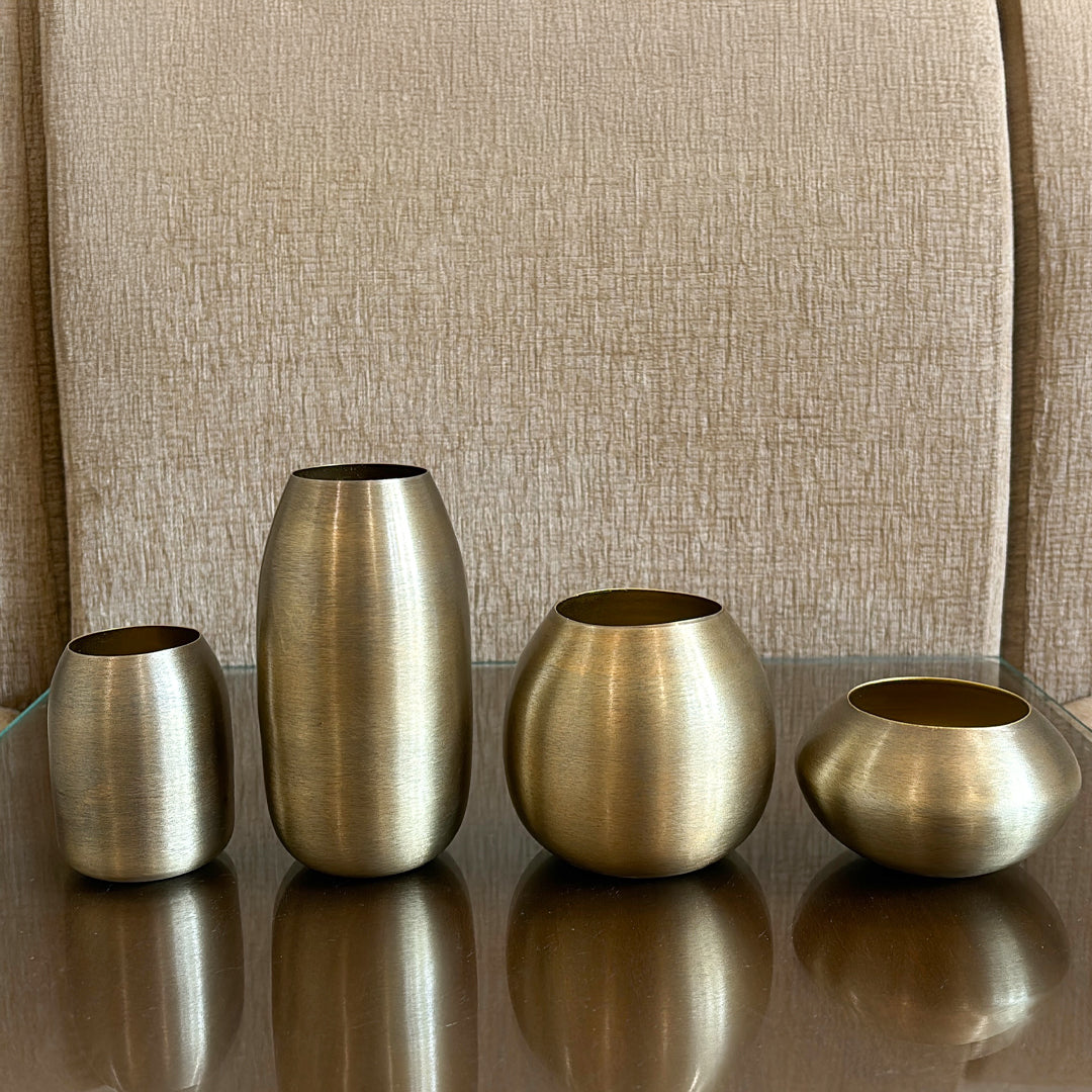 Metal Flower Vase Set of 4 – Modern Brass Decorative Bud Vases in Assorted Shapes & Sizes for Living Room, Dining Table, Shelf, Office & Home Decor