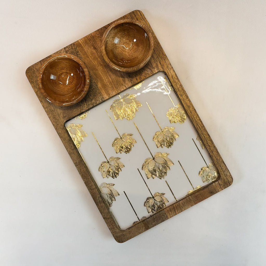 Wooden Snack Serving Tray with Floral Resin Design & 2 Dip Bowls | Premium Chips & Nachos Platter