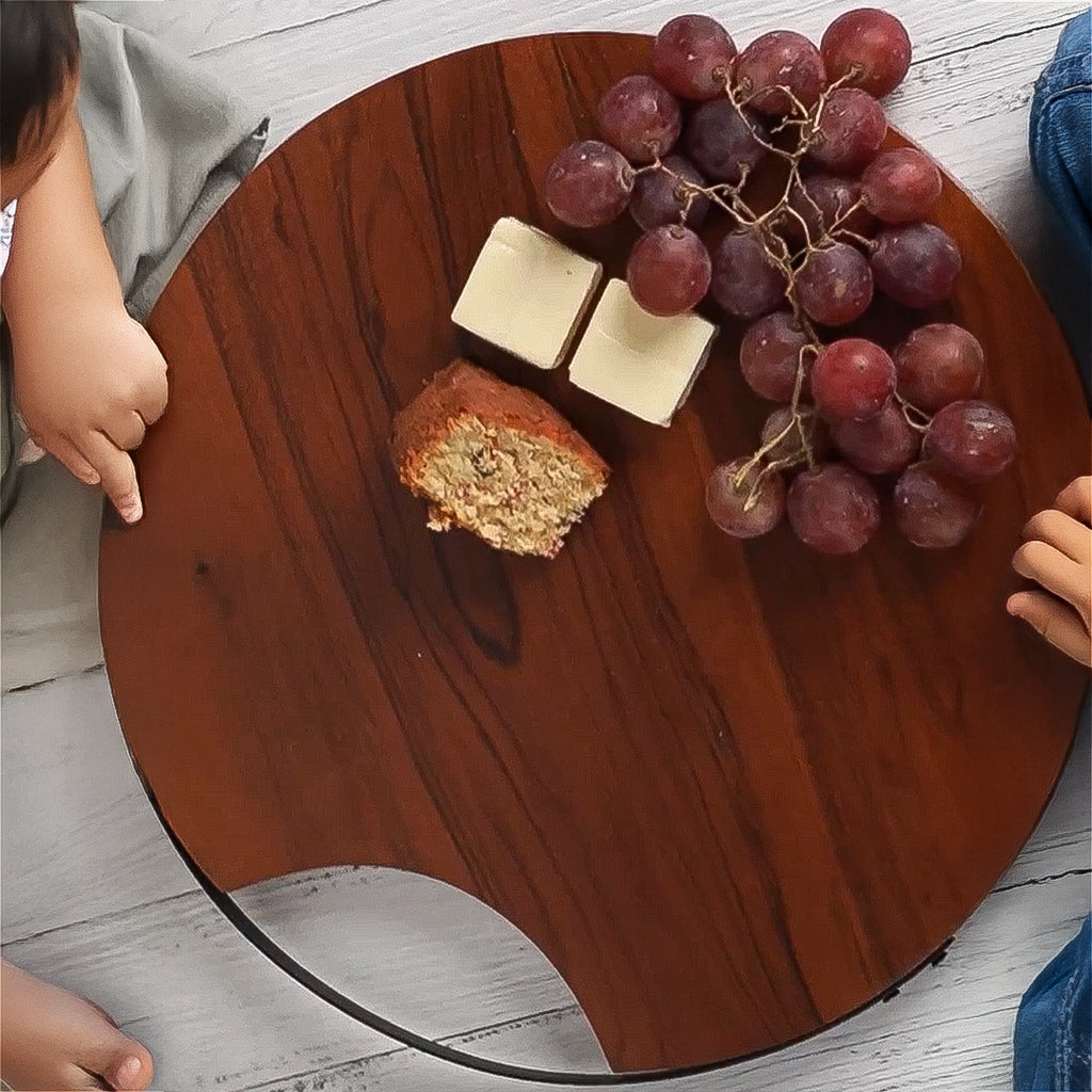 Round Wooden Serving Platter with Metal Handle | Premium Snack & Tea Serving Platter
