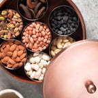 Wooden Masala Box with Rose Gold Stainless Steel Lid – Multipurpose Masala, Mukhwas & Dry Fruit Organizer