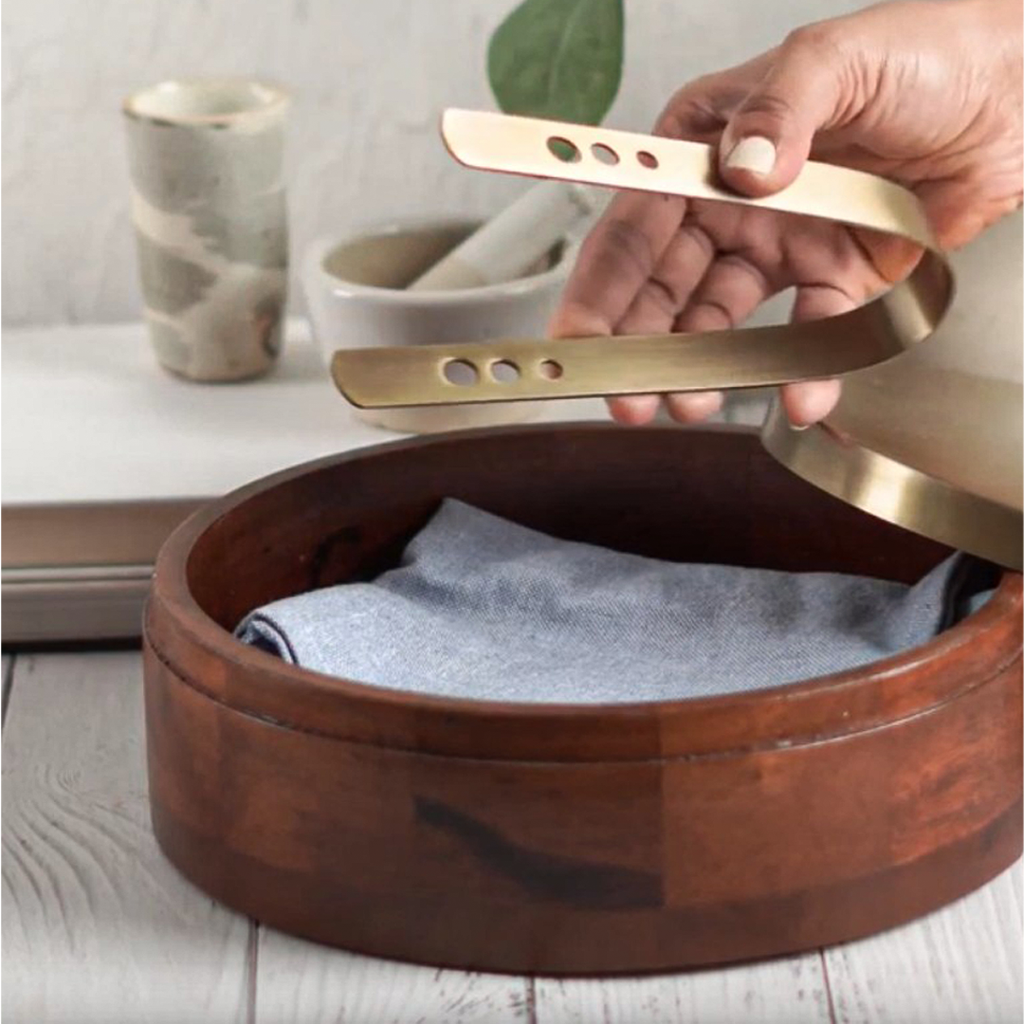 Wooden Regular Chapati Box with Brass Finish Lid & Tongs | Roti Storage Container