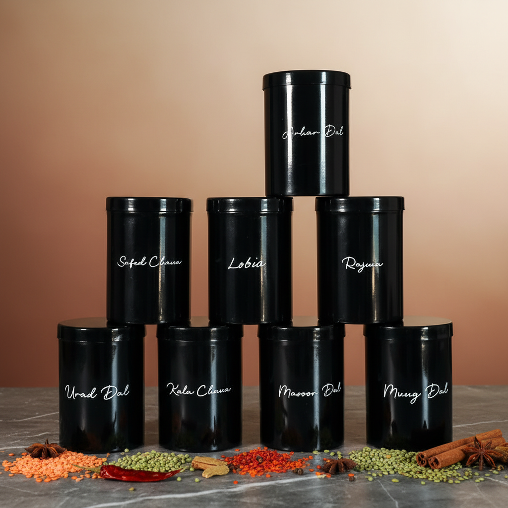 Set of 8 Metal Storage Jars for Dal & Pulses | 1kg Capacity Each | Airtight Black Containers for Kitchen | Labelled Canisters for Masalas, Dals & Grains