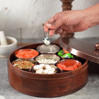 Wooden Masala Box with Rose Gold Stainless Steel Lid – Multipurpose Masala, Mukhwas & Dry Fruit Organizer