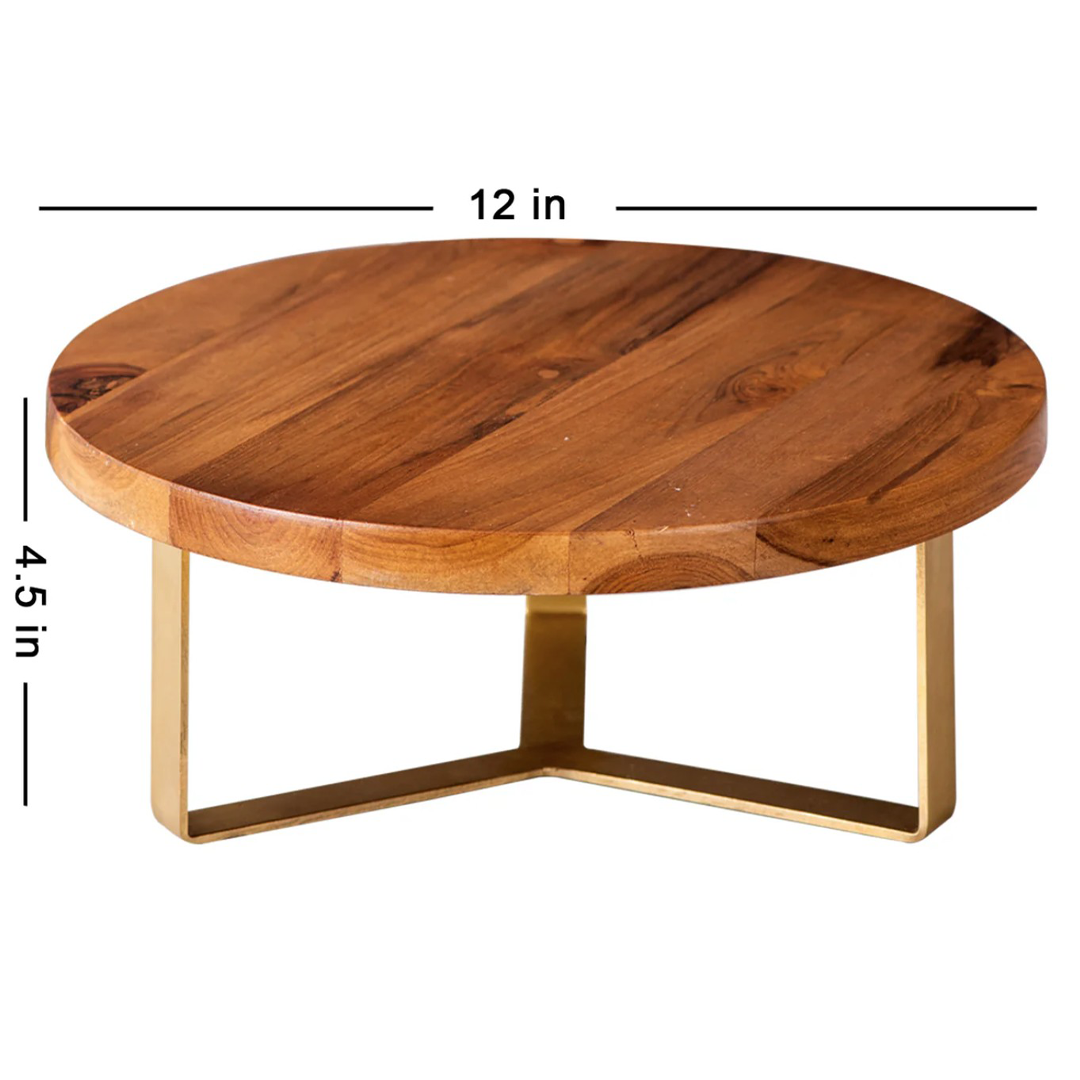 Wooden Cake Stand with Gold Metal Base | Round Dessert Display Stand for Cakes, Cupcakes & Table Decor | 12 Inch