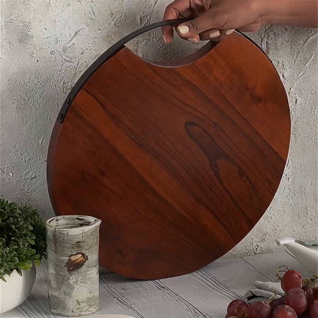 Round Wooden Serving Platter with Metal Handle | Premium Snack & Tea Serving Platter