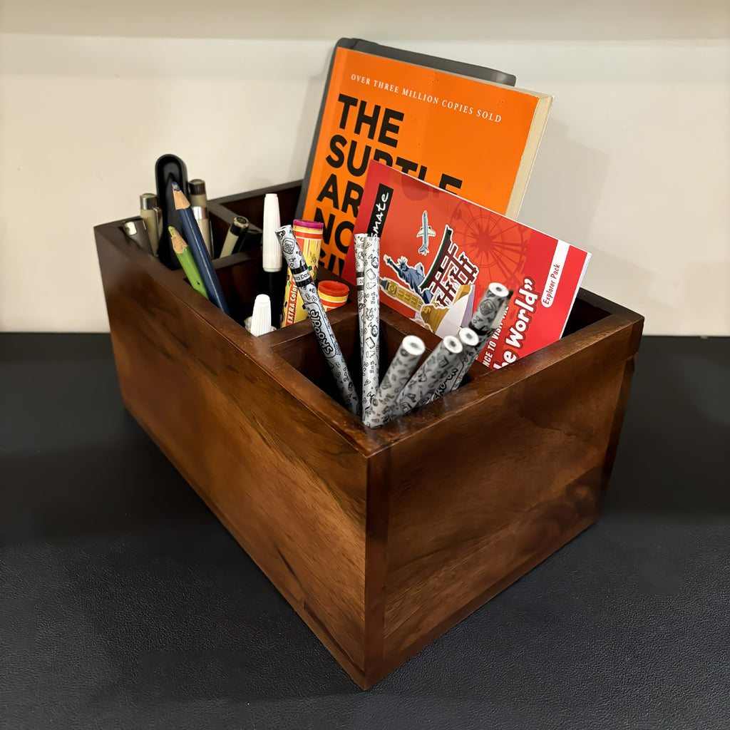 Wooden Desk Organizer with 4 Compartments | Pen Stand & Book Holder for Home and Office