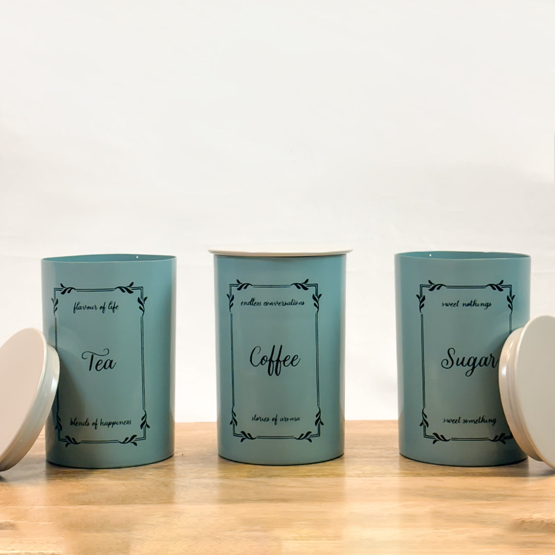 Metal Tea Coffee Sugar Canister Set | Airtight Kitchen Storage Containers | Pastel Blue